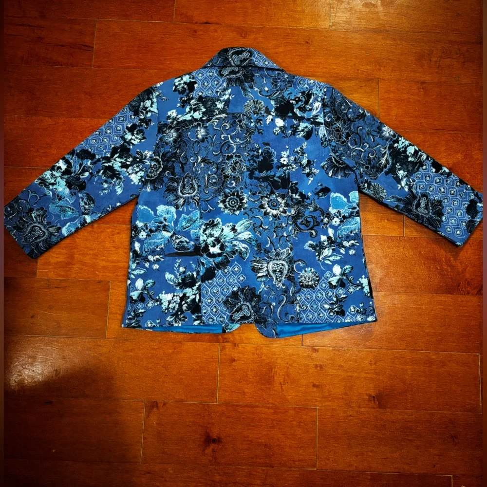 Vintage Blue Floral Jacket Blazer Soft Surroundings Style Artsy Boho SMALL